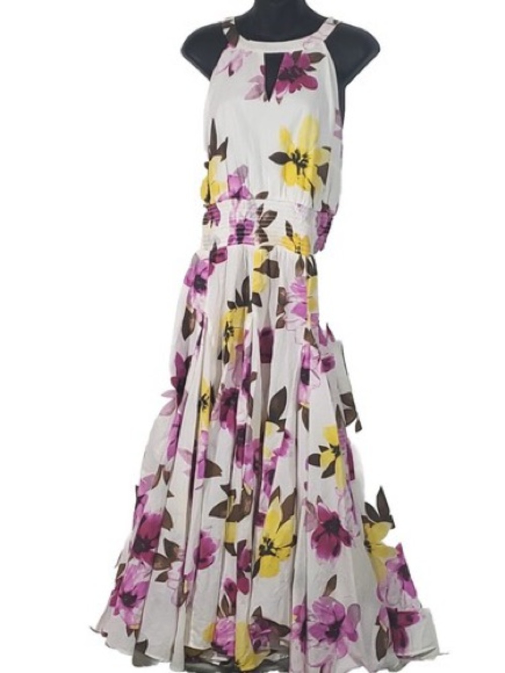 White Floral high neck Maxi Dress full skirt purple Pink & Yellow flowers FLAWS - Picture 2 of 10